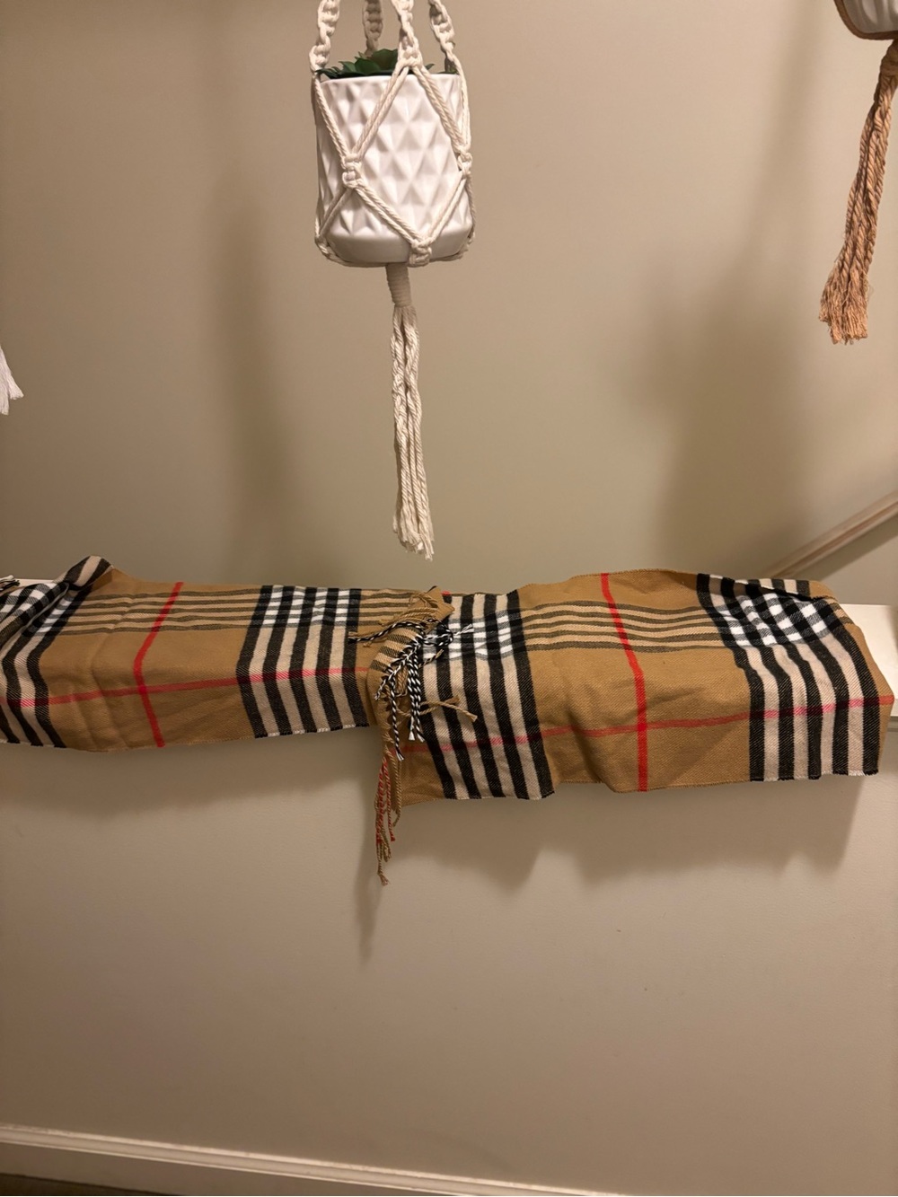 Classic Plaid Camel Fringe Scarf - Women's Wrap